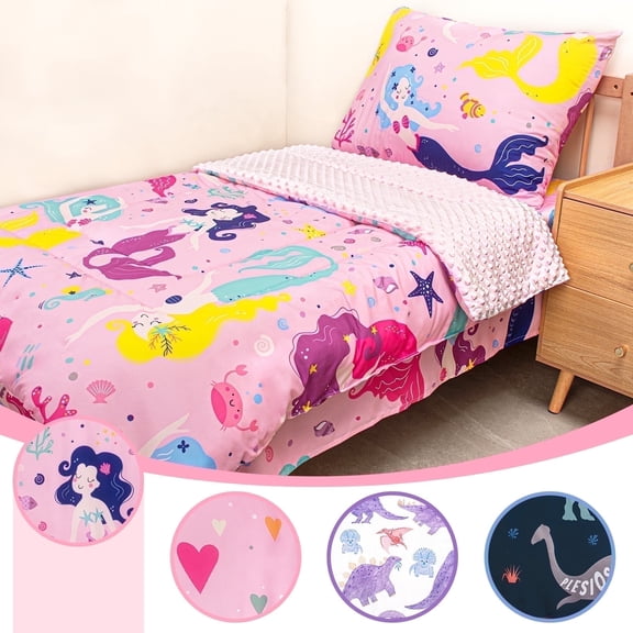 Beavtaens 4 Piece Toddler Bedding Set, Breathable and Soft Baby Sheet Set, Includes Quilted Comforter, Flat Sheet, Fitted Sheet and Pillowcase for Girls (Mermaid)
