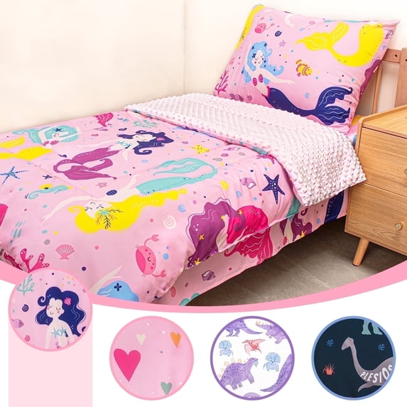 Beavtaens 4 Piece Toddler Bedding Set, Breathable and Soft Baby Sheet Set, Includes Quilted Comforter, Flat Sheet, Fitted Sheet and Pillowcase for Girls (Mermaid)