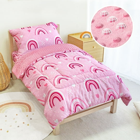 Beavtaens 4 Piece Toddler Bedding Set, Breathable and Soft Baby Sheet Set, Includes Quilted Comforter, Flat Sheet, Fitted Sheet and Pillowcase for Girls (Pink Rainbow)