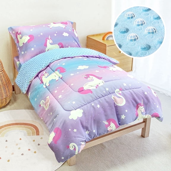 Beavtaens 4 Piece Toddler Bedding Set, Breathable and Soft Baby Sheet Set, Includes Quilted Comforter, Flat Sheet, Fitted Sheet and Pillowcase for Girls