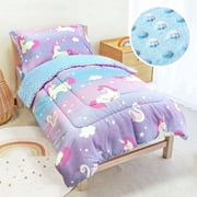 Beavtaens 4 Piece Toddler Bedding Set, Breathable and Soft Baby Sheet Set, Includes Quilted Comforter, Flat Sheet, Fitted Sheet and Pillowcase for Girls