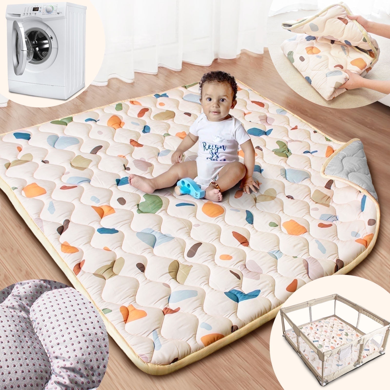 Beavtaens Baby Play Mat for Floor, Fits 50x50 Playpen, Non-Slip, Soft for Infants, 0-4 Years (Boho)
