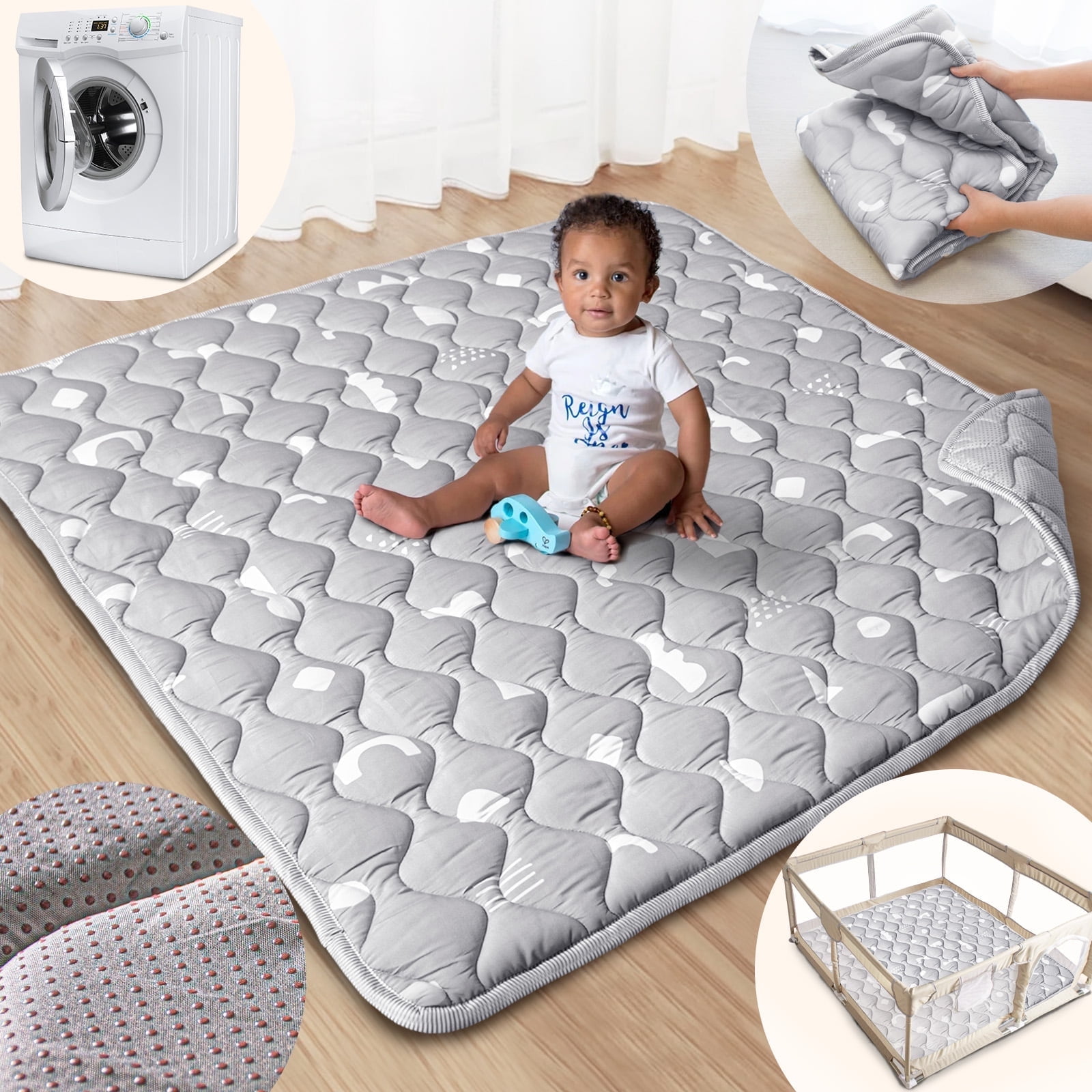 Beavtaens Baby Play Mat for Floor, Fits 50x50 Playpen, Super Soft, Non-Slip, for Ages 0-4 (Gray)