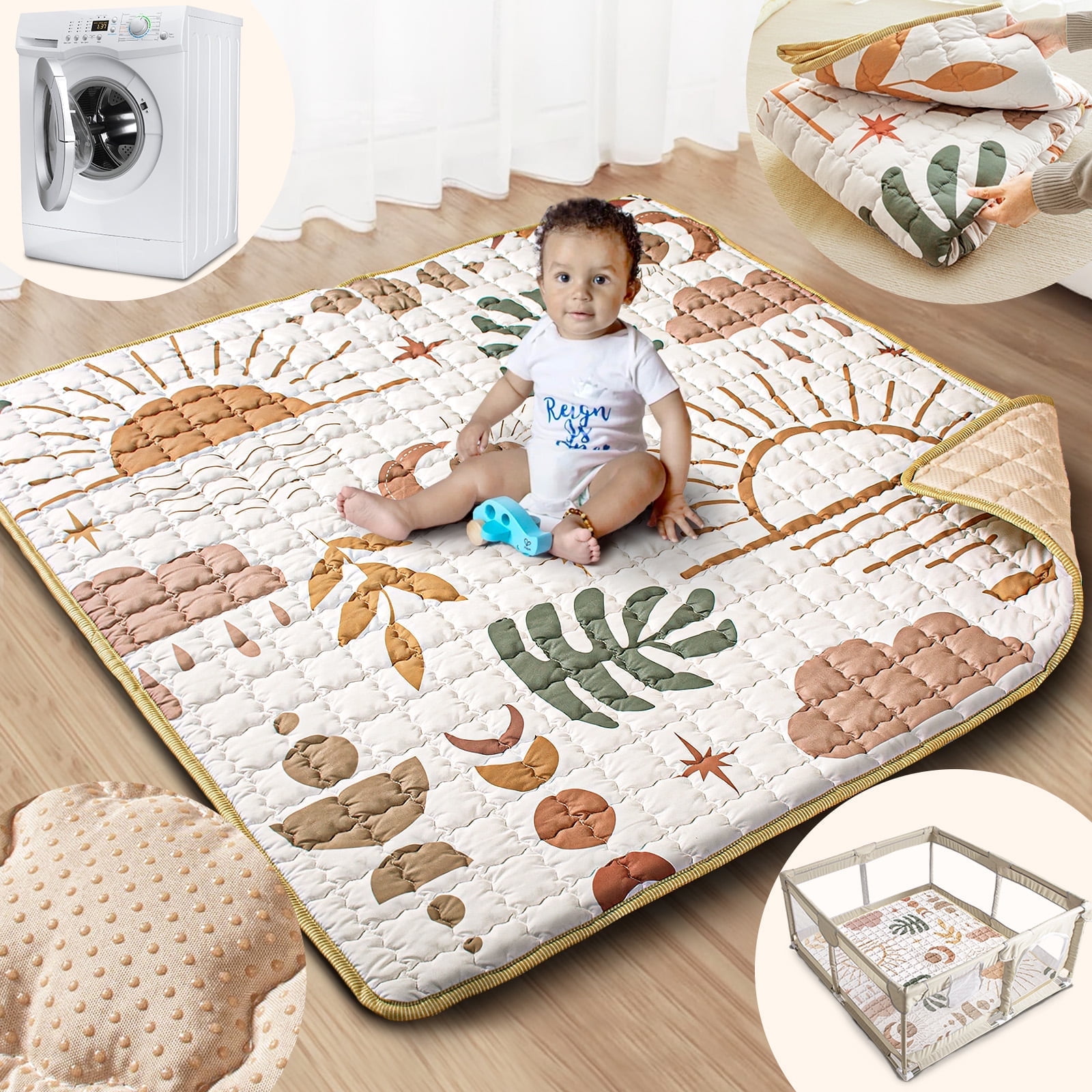 Beavtaens Baby Play Mat for Floor, Fits 50x50 Playpen, Super Soft, Non-Slip, for Ages 0-4 (Nature)
