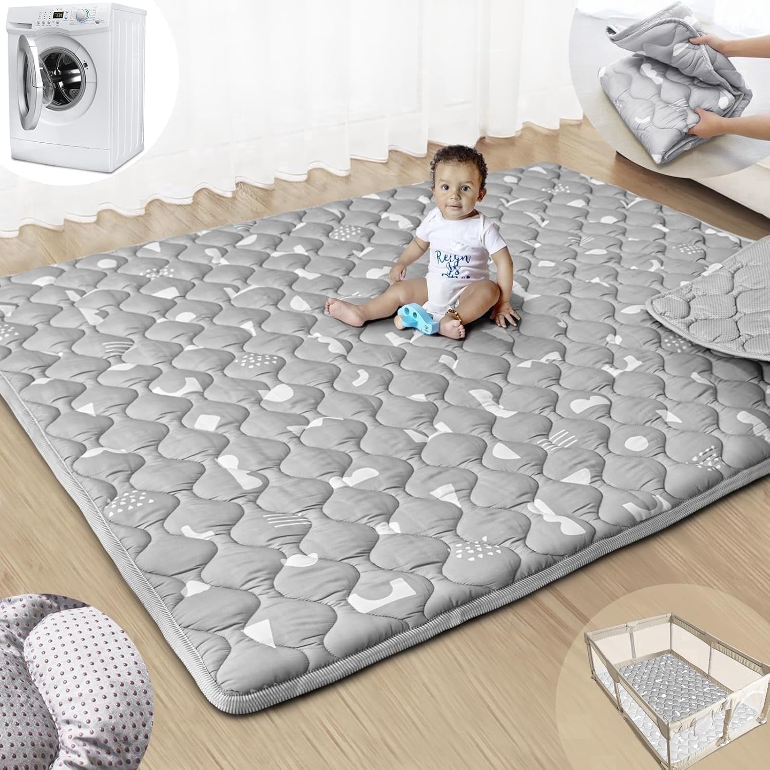 Baby Play Mat for Floor - 71"x59" Non-Slip Soft Playpen Mat, Foldable & Machine Washable, Gray