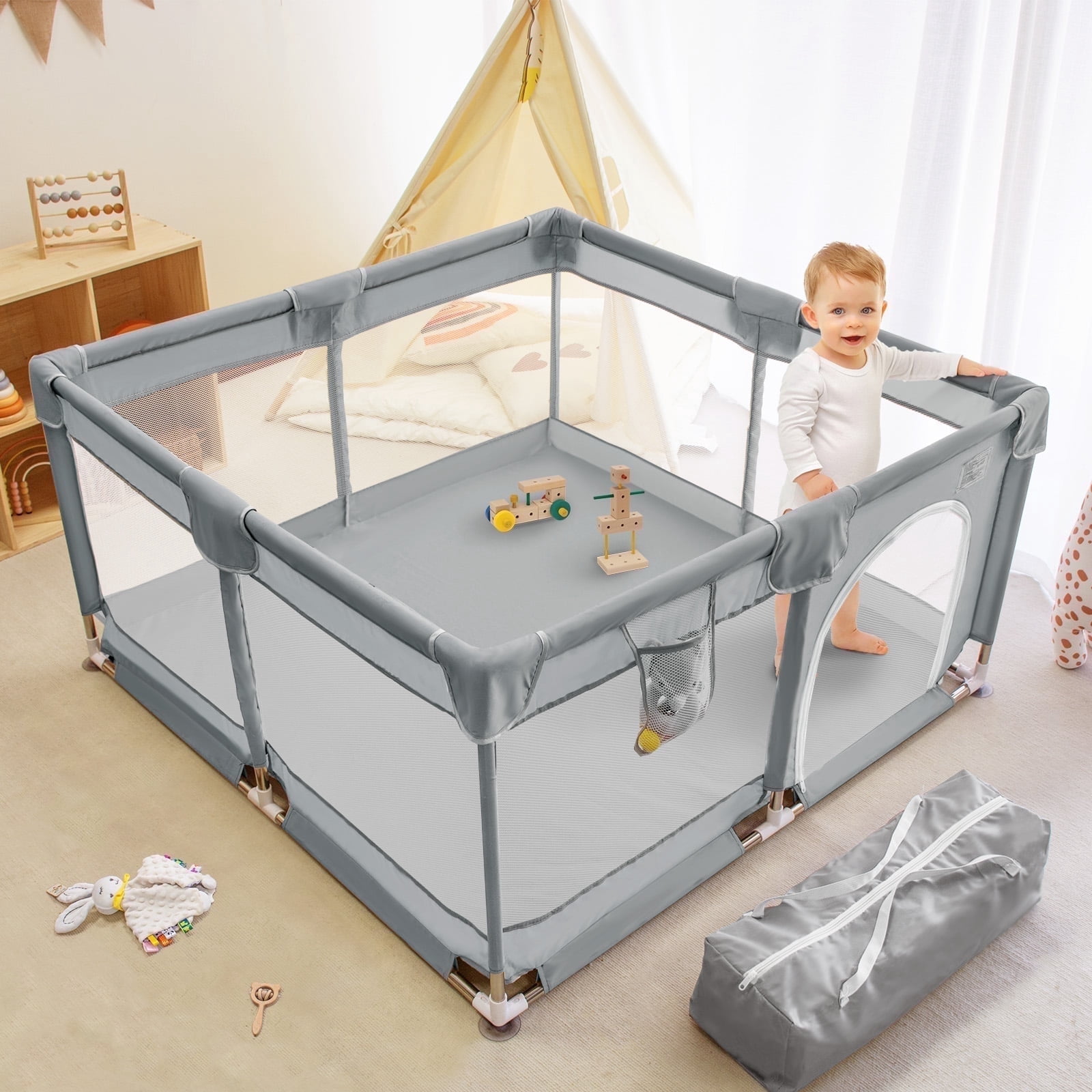 Beavtaens Baby Playpen, 50"x50" Baby Play Yard with Anti-Slip Base, Travel Fence for 0-18 Months