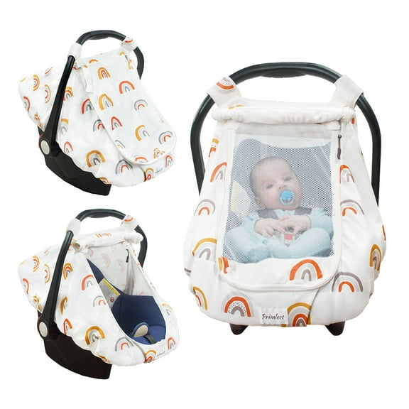 Beavtaens Baby Car Seat Cover, Stretchy Carseat Canopy, with Breathable Peep Window (Rainbows)