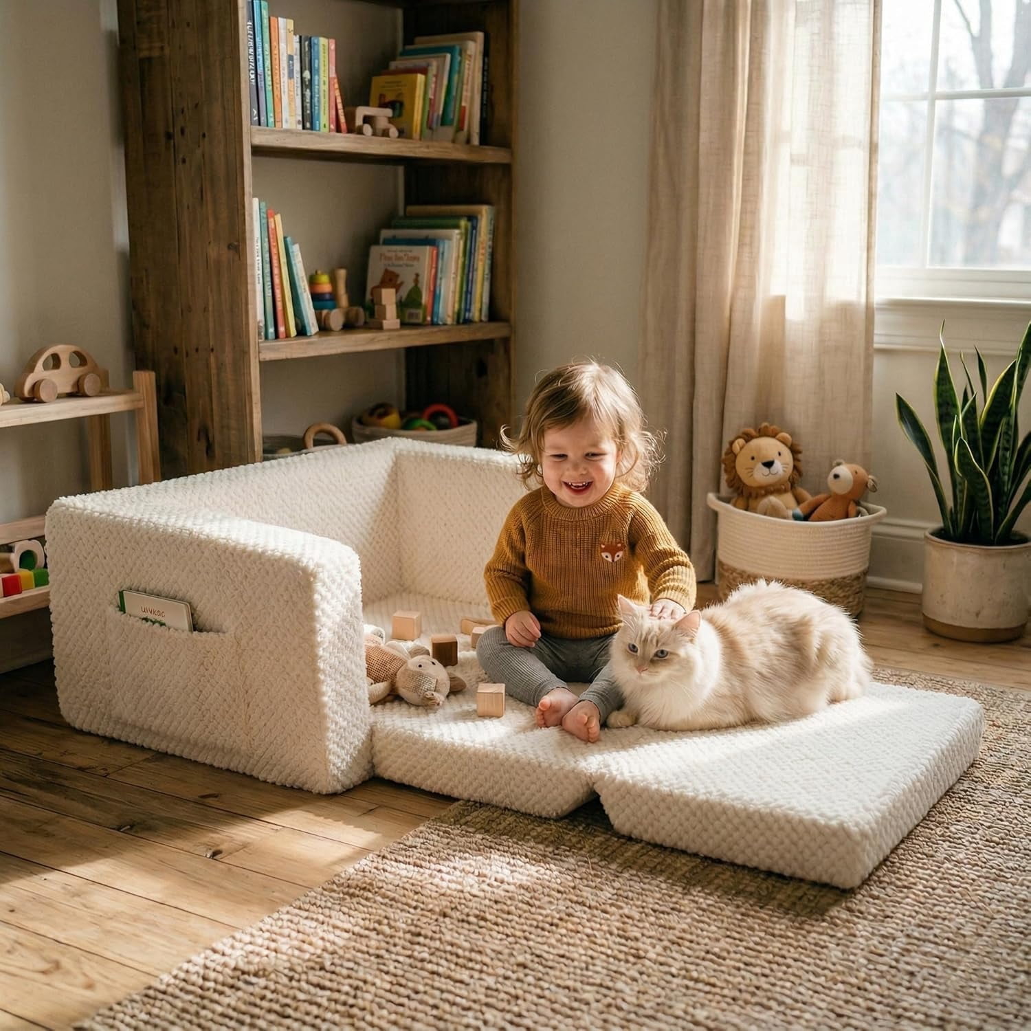 Beavtaens Foldable Toddler Couch with Soft Sherpa Cover, 2-in-1 Comfy Toddler Sofa & Lounger for 1-3 Years Old Girls Boys, Kids Chair with Pockets & Handle for Reading, Playroom, Beige