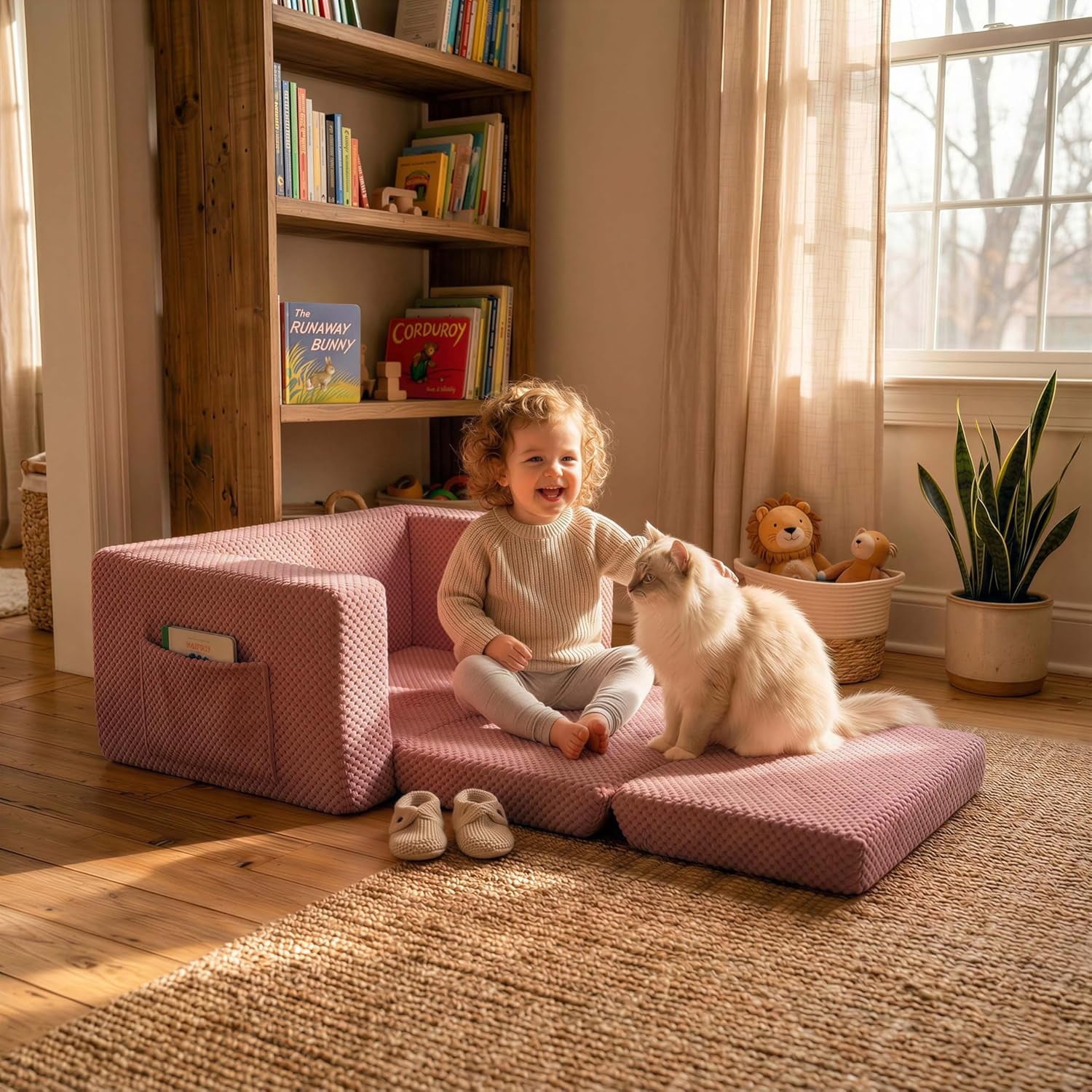 Beavtaens Foldable Toddler Couch with Soft Sherpa Cover, 2-in-1 Comfy Toddler Sofa & Lounger for 1-3 Years Old Girls Boys, Kids Chair with Pockets & Handle for Reading, Playroom, Pink