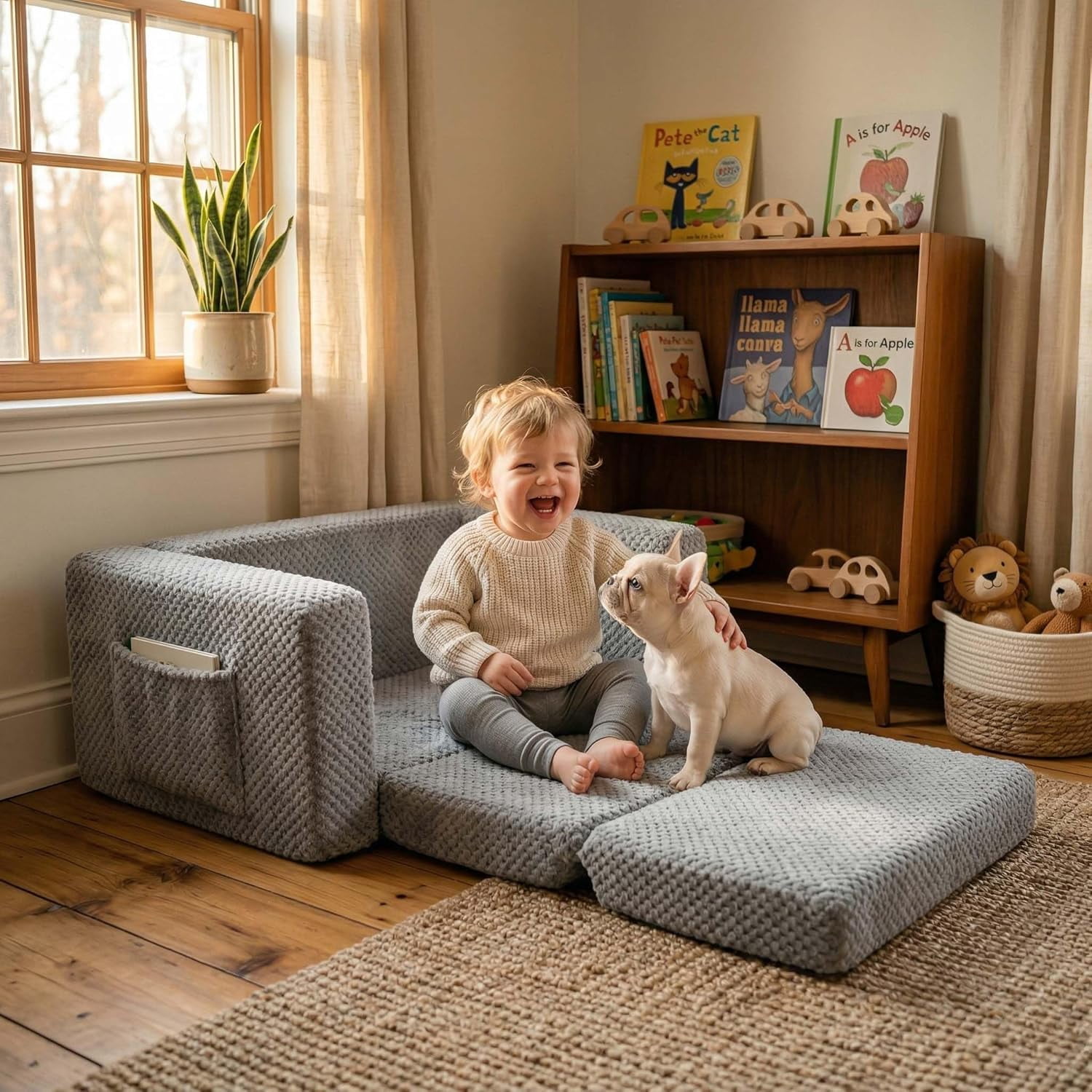 Beavtaens Foldable Toddler Couch with Soft Sherpa Cover, 2-in-1 Comfy Toddler Sofa & Lounger for 1-3 Years Old Girls Boys, Kids Chair with Pockets & Handle for Reading, Playroom (Gray)