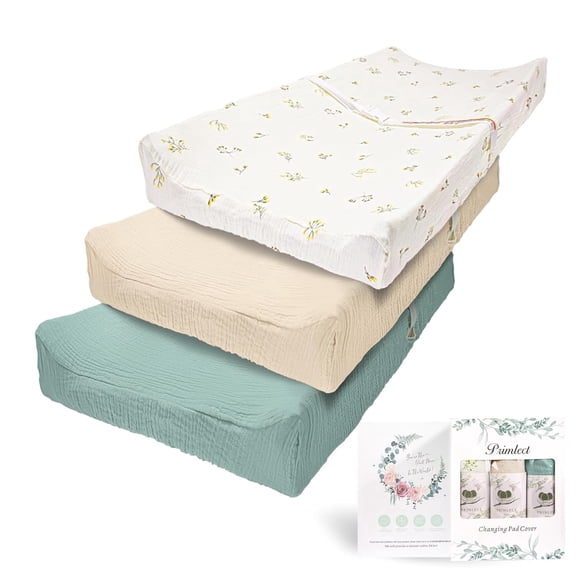 Beavtaens Muslin Changing Pad Cover, Solid Color, 100% Cotton, Washable, 3-Pack, for 0-2 Years Infant Boys Girls (Flowers)