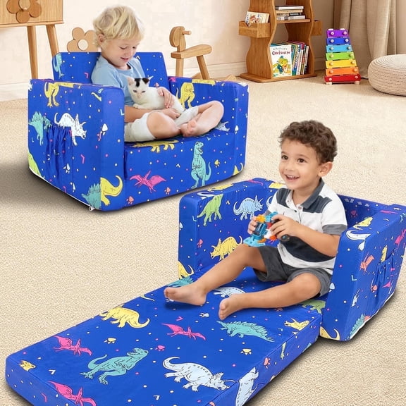 Beavtaens Toddler Sofa, 2-in-1 Dinosaur Flip Open Toddler Couch, with Side Pocket, for Ages 18 Months+