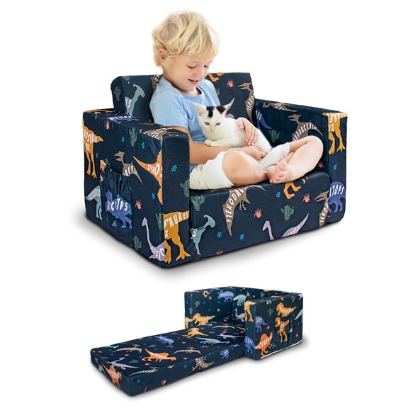 Beavtaens Toddler Sofa, 2-in-1 Dinosaur Flip Open Toddler Couch, with Side Pocket, for Ages 18 Months+