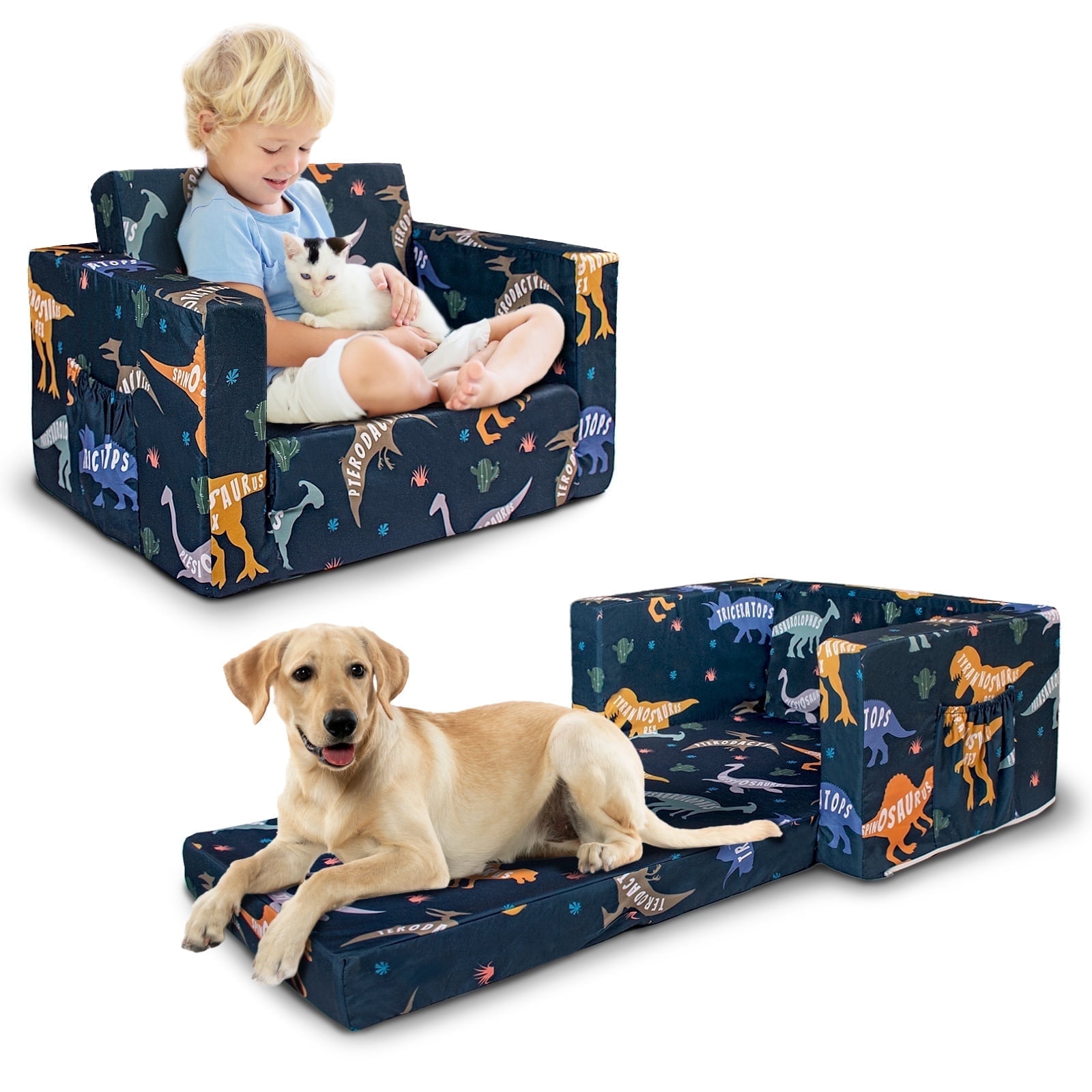 Beavtaens Toddler Sofa, 2-in-1 Dinosaur Flip Open Toddler Couch, with Side Pocket, for Ages 18 Months+