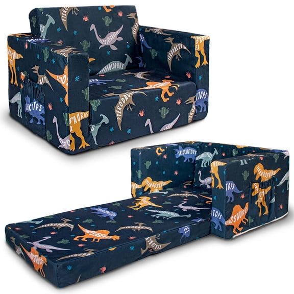 Beavtaens Toddler Sofa, 2-in-1 Dinosaur Flip Open Toddler Couch, with Side Pocket, for Ages 18 Months+