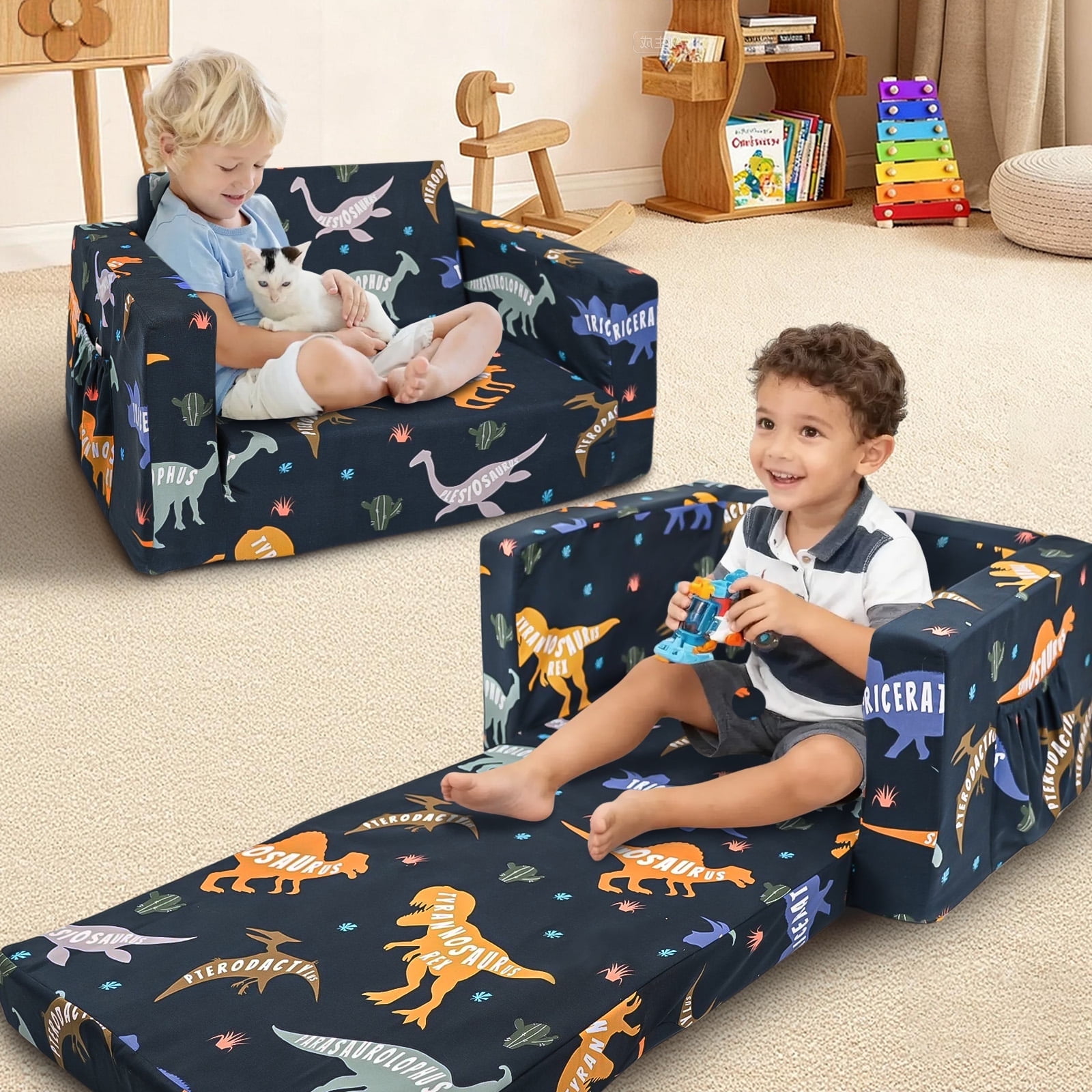 Free Shipping! Beavtaens Toddler Sofa 2-in-1 Dinosaur Flip Open Couch with Side Pocket for Ages 18 Months+