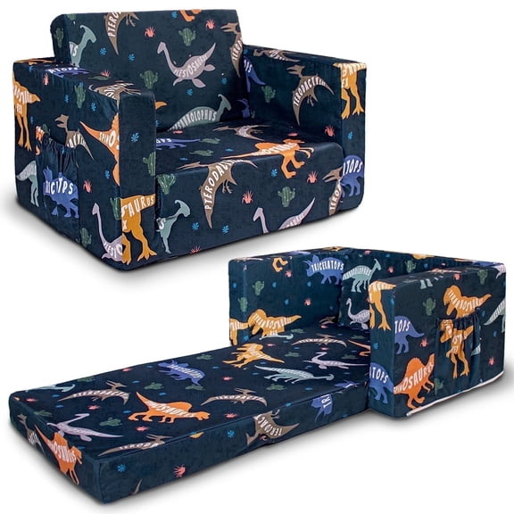 Beavtaens Toddler Sofa, 2-in-1 Dinosaur Flip Open Toddler Couch, with Side Pocket, for Ages 18 Months+