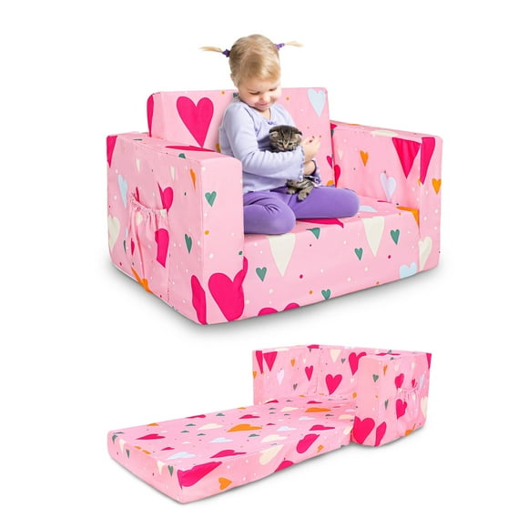 Beavtaens Toddler Sofa, 2-in-1 Pink Flip Open Toddler Couch, with Side Pocket, for Ages 18 Months+