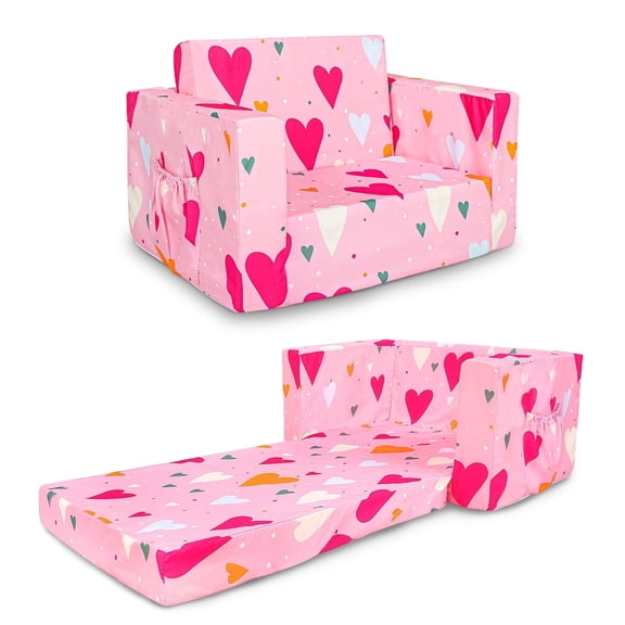 Beavtaens Toddler Sofa, 2-in-1 Pink Flip Open Toddler Couch, with Side Pocket, for Ages 18 Months+