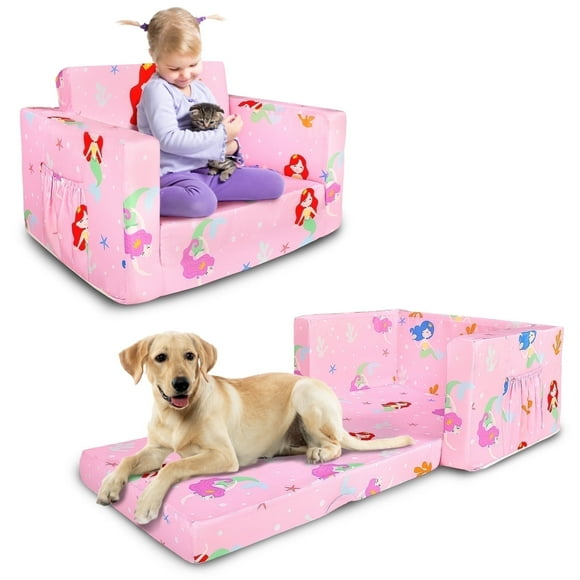 Beavtaens Toddler Sofa, 2-in-1 Pink Flip Open Toddler Couch, with Side Pocket, for Ages 18 Months+