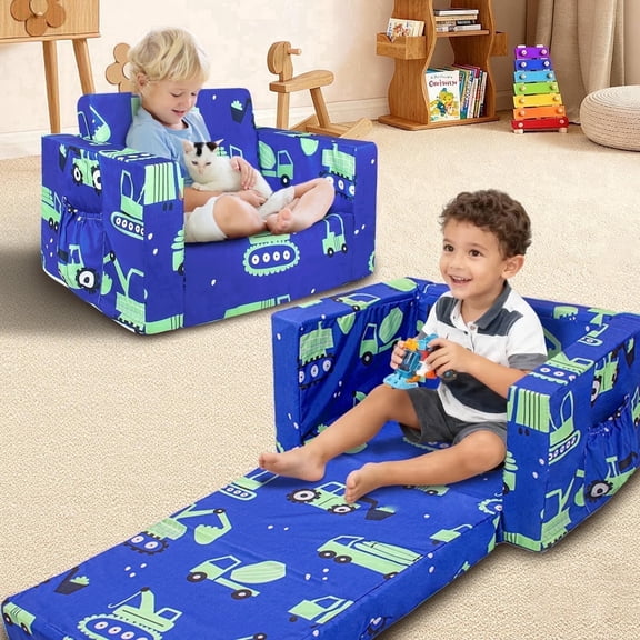 Beavtaens Toddler Sofa, 2-in-1 Cars Flip Open Toddler Couch, with Side Pocket, for Ages 18 Months+