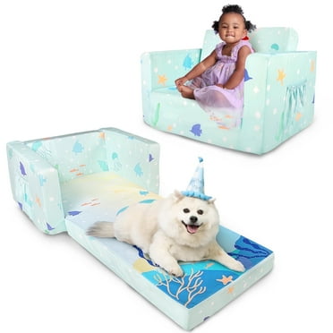 Beavtaens Toddler Sofa, 2-in-1 Flip Open Toddler Couch, with Side Pocket, for Ages 18 Months  (Mermaid)