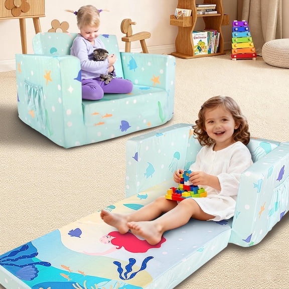 Beavtaens Toddler Sofa, 2-in-1 Flip Open Toddler Couch, with Side Pocket, for Ages 18 Months+ (Mermaid)