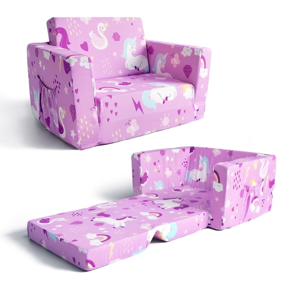 Beavtaens Toddler Sofa, 2-in-1 Unicorn Flip Open Toddler Couch, with Side Pocket, for Ages 18 Months+