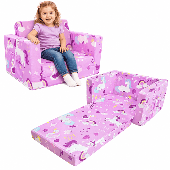 Beavtaens Toddler Sofa, 2-in-1 Flip Open Toddler Chair with Thickened Foam,Convertible Kids Couch, Unicorn