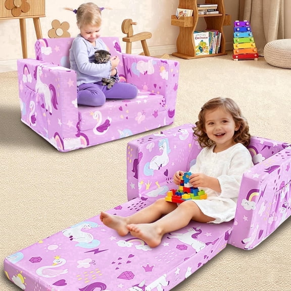 Beavtaens Toddler Sofa, 2-in-1 Unicorn Flip Open Toddler Couch, with Side Pocket, for Ages 18 Months+