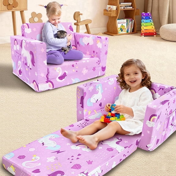 Beavtaens Toddler Sofa, 2-in-1 Unicorn Flip Open Toddler Couch, with Side Pocket, for Ages 18 Months+