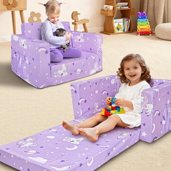 Beavtaens Toddler Sofa, 2-in-1 Flip Open Toddler Couch, with Side Pocket, for Ages 18 Months+