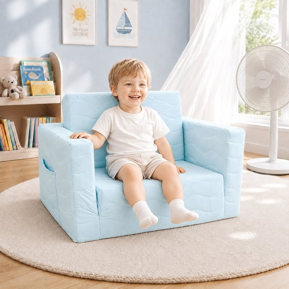 Beavtaens Cooling Toddler Sofa, 2-in-1 Toddler Couch, Flip Open Sofa Bed for Kids, Blue
