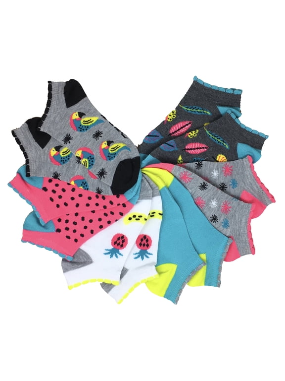 Girls No Show Socks - Girls - 6 Pack Assorted Colors, Shoe Size 10-4, (Group L: Parrots, Pineapples and More: Vibrant Colors)