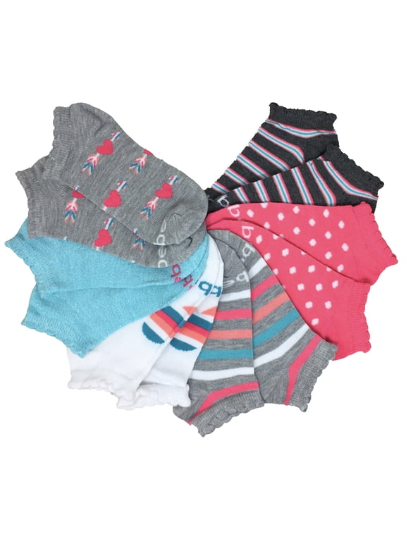Girls No Show Socks - Girls - 6 Pack Assorted Colors, Shoe Size 10-4, (Group N: Hearts & Stripes: Grays, White, Pink and Light Teal)