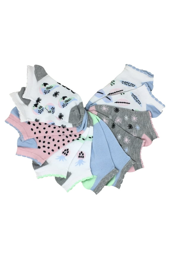 Girls No Show Socks - Girls - 6 Pack Assorted Colors, Shoe Size 10-4, (Group K: Parrots, Pineapples and More: White, Pale Pink, Pale Blue & Greys)