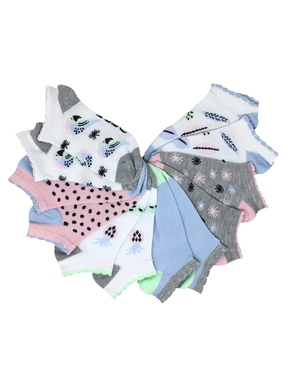 Girls No Show Socks - Girls - 6 Pack Assorted Colors, Shoe Size 10-4, (Group K: Parrots, Pineapples and More: White, Pale Pink, Pale Blue & Greys)