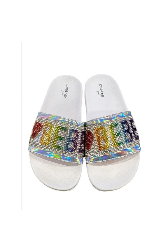 Girls' Slide Sandals, Open Toe, White & Multicolor