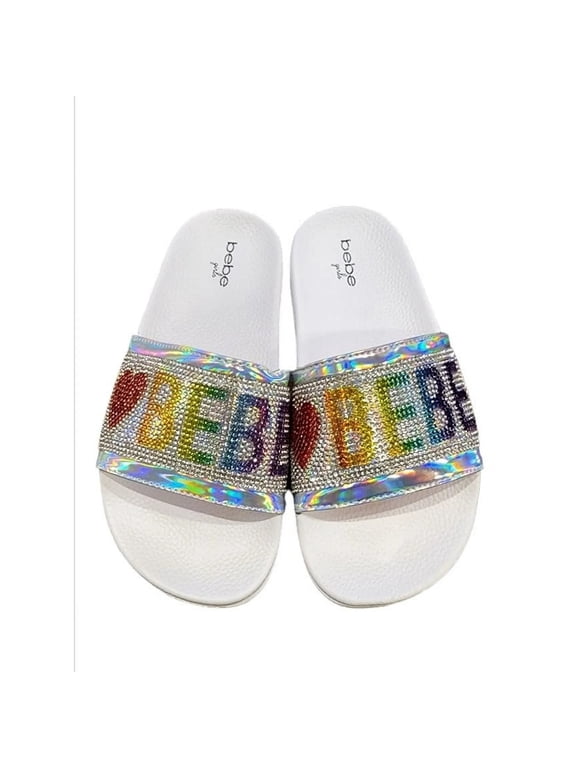 Girls' Slip-Resistant Slide Sandals, Open Toe, White & Multicolor