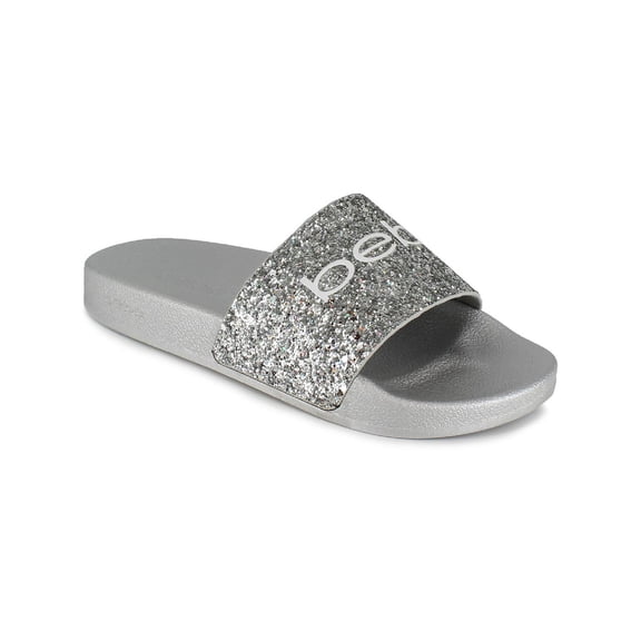 Bebe Womens Fraida Glitter Logo Slide Sandals Silver 7 Medium (B,M)