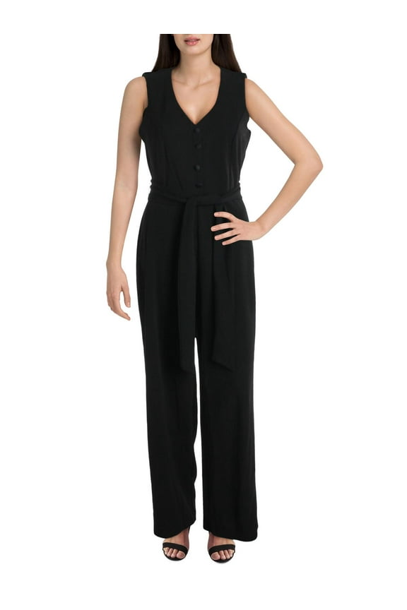 Womens Solid Faux Button Front Jumpsuit Black 2