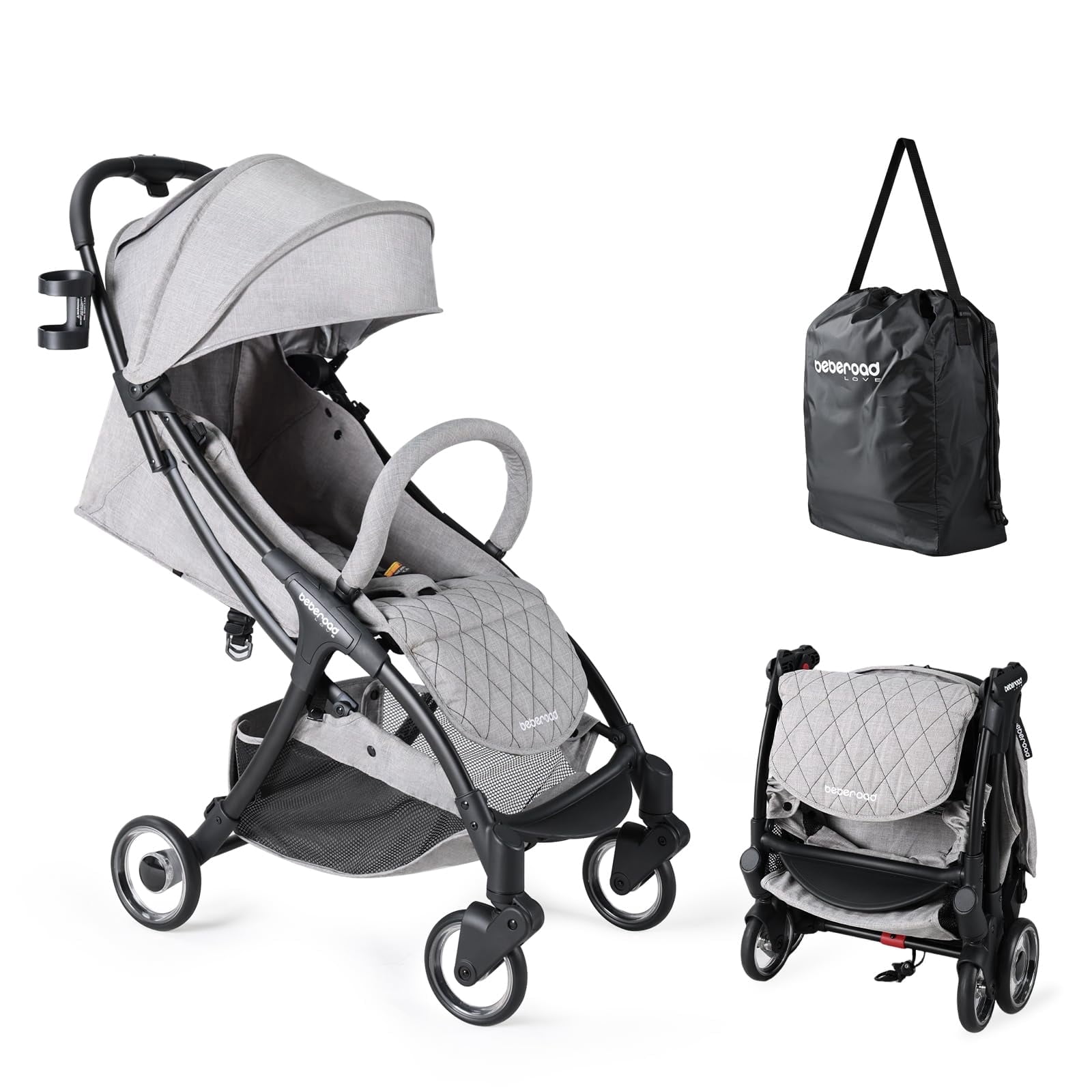 Beberoad R2 Ultra Compact Lightweight Travel Folding Baby Newborn Stroller with Waterproof Canopy and All Wheels Suspension,Grey