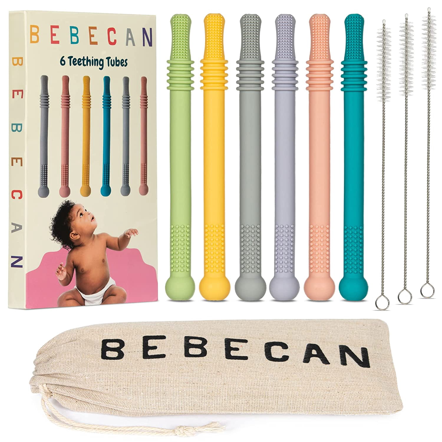 Bebecan Silicone Teething Sticks for Babies 0-36 Months, 6-Pack Multicolor