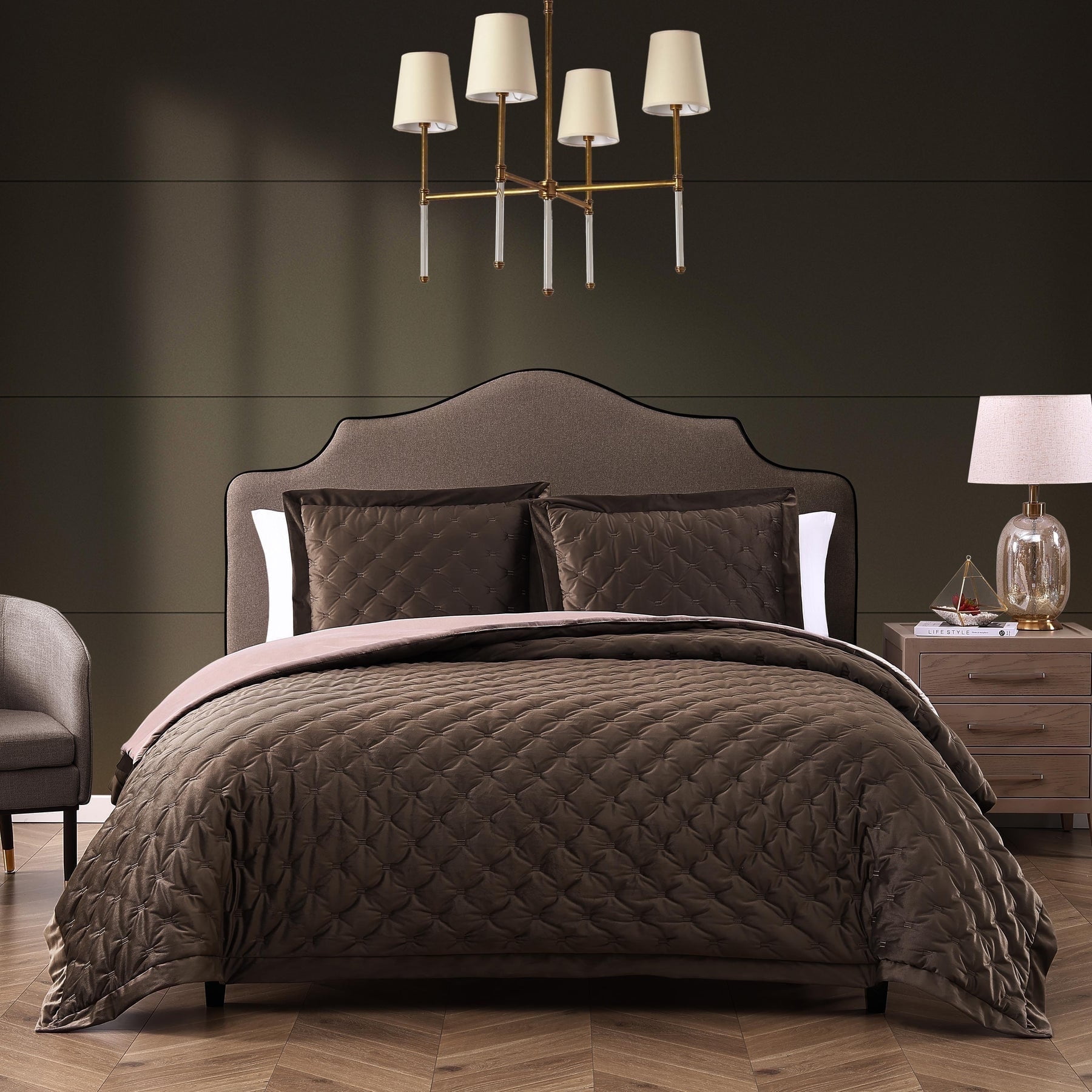 King Dark Brown Velvet Comforter Set with Microfiber Reverse