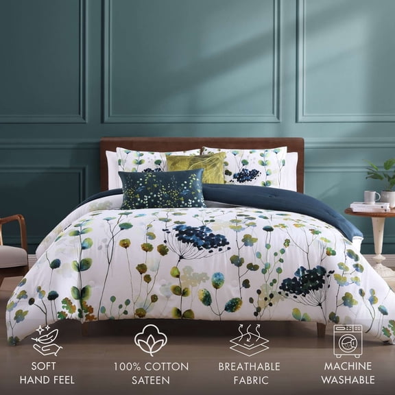 Bebejan Abstract Vines 5 Piece Comforter Set, Queen, Navy, 100% Cotton Sateen, Reversible, All Season, Cozy Comfort