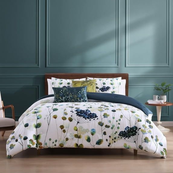 Bebejan Abstract Vines 5 Piece Comforter Set, Queen, Navy, 100% Cotton Sateen, Reversible, All Season, Cozy Comfort
