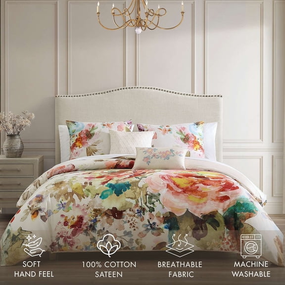 Bebejan Antique Flowers 5 Piece Comforter Set, Queen, Ivory, 100% Cotton Sateen, Reversible, All Season, Cozy Comfort