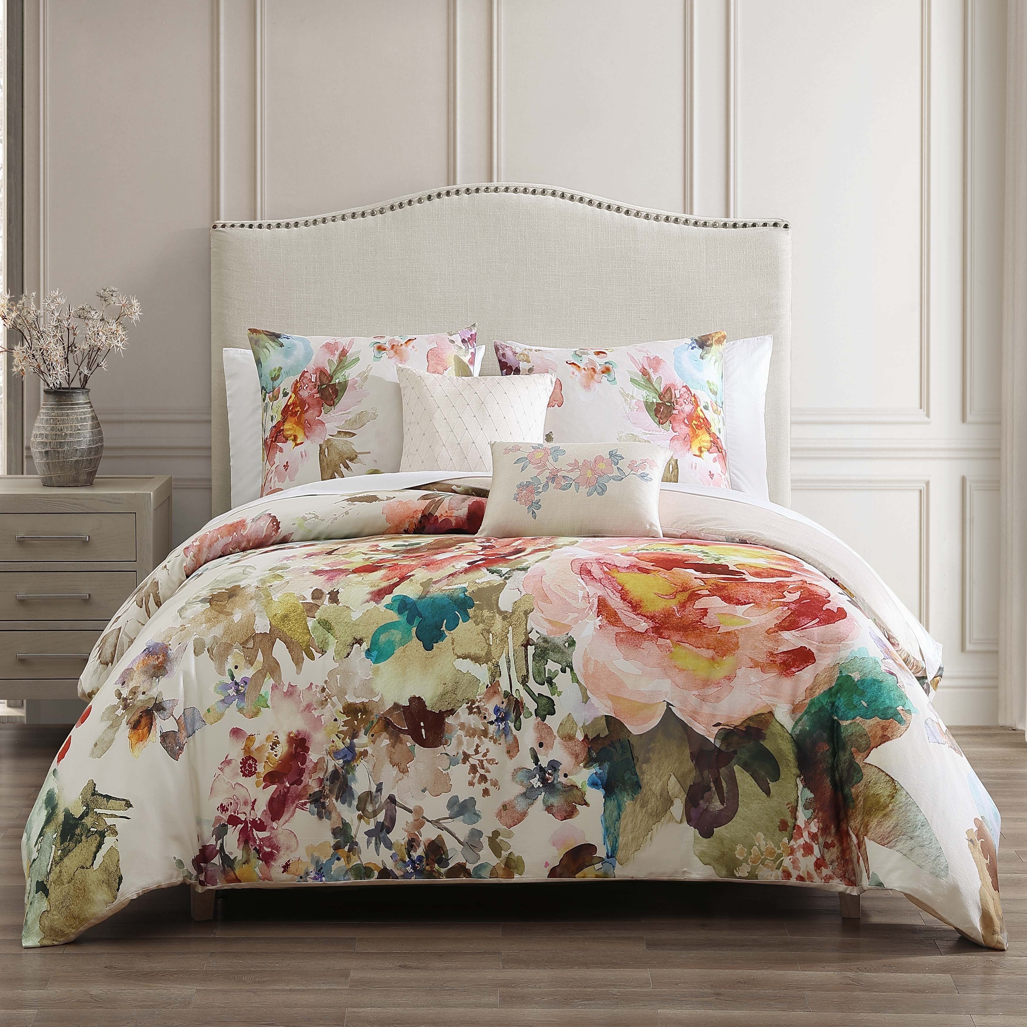 Ivory Floral Cotton Sateen Reversible Queen Comforter Set