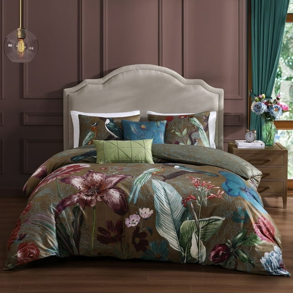 Bebejan Birds on Chocolate Brown 5 Piece Comforter Set, Queen, 100% Cotton Sateen, Reversible, All Season, Cozy Comfort