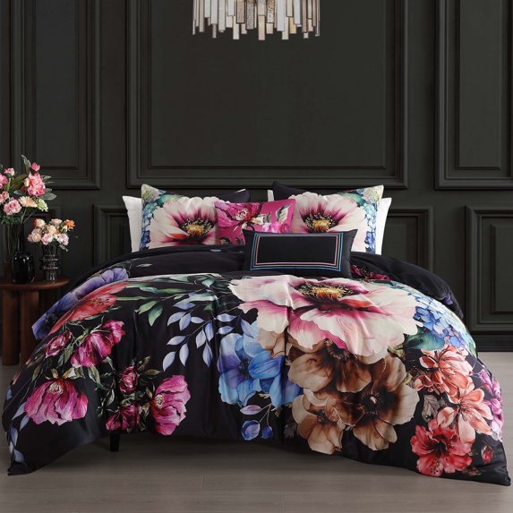 Bebejan Black Night Poppies 5 Piece Comforter Set, King, 100% Cotton Sateen, Reversible,All Season, Cozy Comfort
